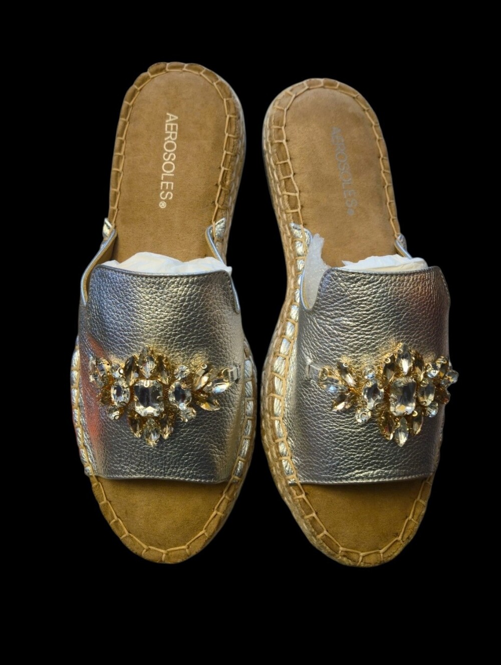 AEROSOLES Silver Metallic Leather Jeweled Slide Mules. Size 9M US. NIB.